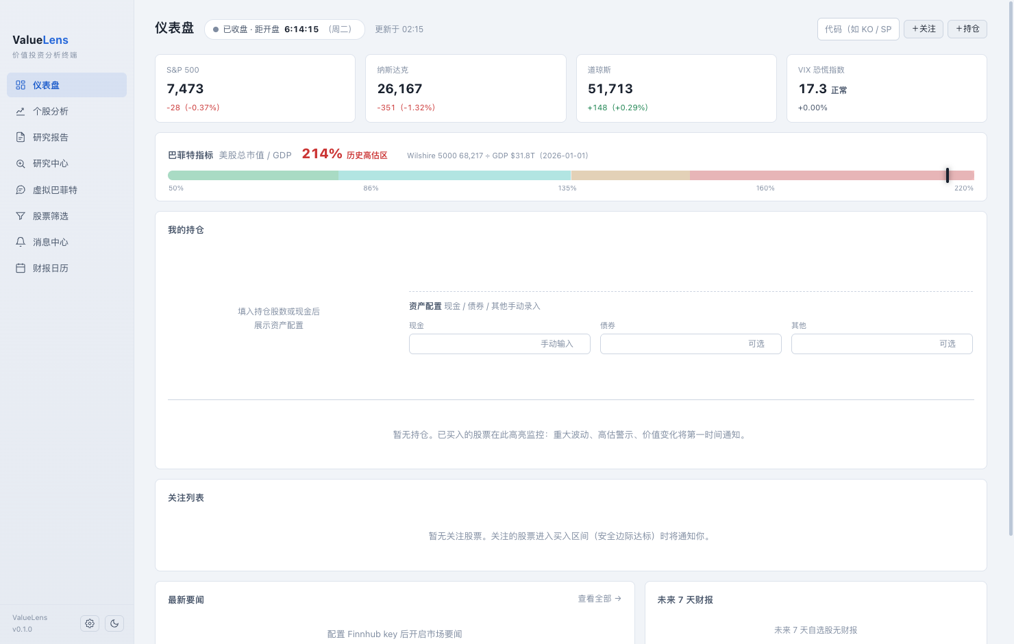 ValueLens 仪表盘：三大指数、巴菲特指标、持仓监控